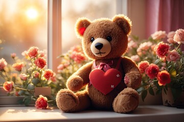 teddy bear with heart and flowers. ai generative