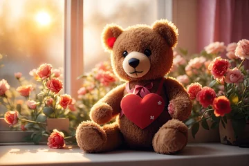 Fotobehang teddy bear with heart and flowers. ai generative © Igor