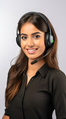 Female businesswoman working in the call center with headset, a smiling call center agent wearing a headset