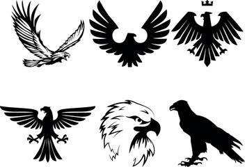 Hand drawn eMascot bird collection. signs for branding, head and wings of hawk or falcon for badge Set of isolated. Gothic royal emblem and company