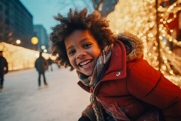 Happy portrait of Afro American kid on the street in Christmas - obrazy, fototapety, plakaty