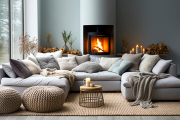 Beige knitted poufs near grey sofa with blue pillows against fireplace. Warm and cozy winter atmosphere. Scandinavian home interior design of modern living room.