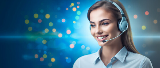 Female businesswoman working in the call center with headset, a smiling call center agent wearing a headset