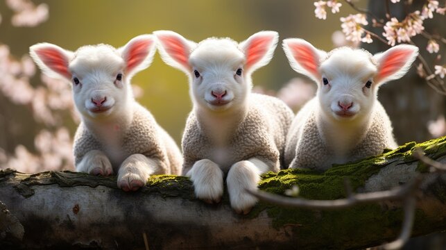 Animal lambs on the meadow on a sunset view. AI generated image