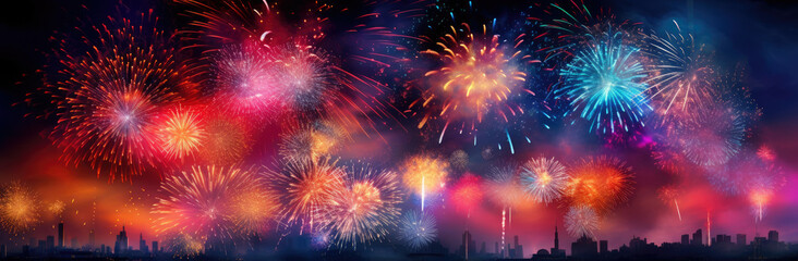 fireworks at night over city sky. happy new year. abstract holiday background. Colorful firework with bokeh background.