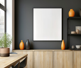 Blank mock up poster frame on black wall. Wooden cabinet and shelf. Scandinavian home interior design of modern dining room. - obrazy, fototapety, plakaty