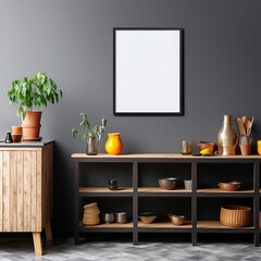 Shelving unit with dishes and kitchen utensils against black wall with mock up blank poster frame with copy space. Farmhouse, industrial home interior design of kitchen.