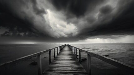 Dramatic view tropical sea with wooden dock bridge.AI generated image