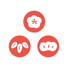 丸に手描きのかわいい松竹梅の手書きのイラストセット- 赤 - お正月や年賀状の和風のあしらい素材
