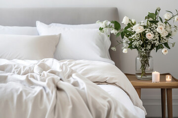 Close up of glass vase with rose flowers bouquet on bedside table near bed with white bedding. French country interior design of modern bedroom.