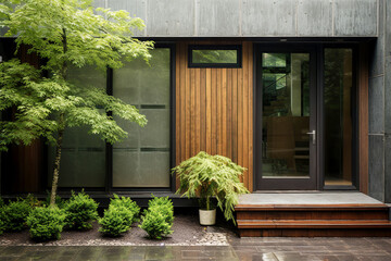 Main entrance door. Japanese, minimalist style exterior of villa. Black panel walls and timber wood lining front door. Back yard with beautiful landscape design. - obrazy, fototapety, plakaty