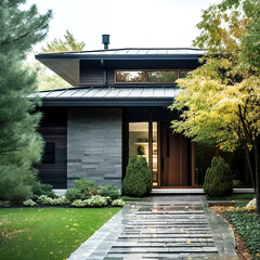 Main entrance door. Japanese, minimalist style exterior of villa in fall forest. Black tiled walls and timber wood lining front door. Front yard with beautiful landscape design and paved pathway. - obrazy, fototapety, plakaty