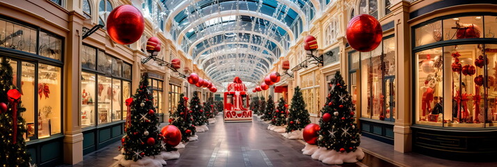 stores adorned with holiday decorations, combining the festive spirit with the shopping frenzy.