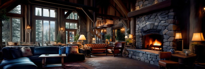 inviting and cozy lodge lobby in a mountain retreat, featuring a stone fireplace, wooden beams, and rustic furnishings.