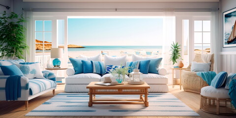 Fototapeta premium Coastal beach house living room with a breezy, nautical theme and coastal decor.