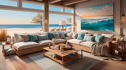 Fototapeta na wymiar Coastal beach house living room with a breezy, nautical theme and coastal decor.