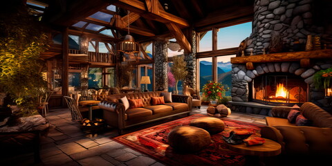 inviting and cozy lodge lobby in a mountain retreat, featuring a stone fireplace, wooden beams, and rustic furnishings.