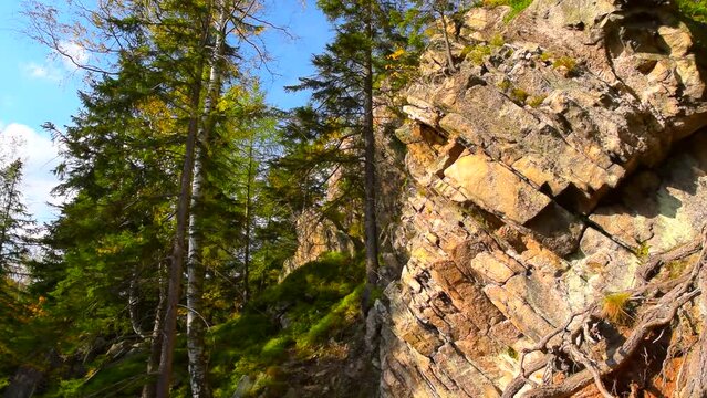 Mountain rocks, trees landscape on blue sky. Calm natural scene, sunny day, view, nature, tree, pine, park, stones, rocky, rock, peak, cliff, hill, season, trunk, root, pan, panning, hd. ProRes 422HQ.