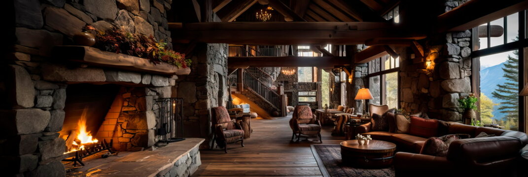 inviting and cozy lodge lobby in a mountain retreat, featuring a stone fireplace, wooden beams, and rustic furnishings.