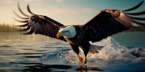 eagle's majestic descent from the sky, talons extended, aiming to snatch a fish from the water's surface with incredible precision. - obrazy, fototapety, plakaty