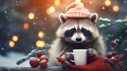 A cheerful cute raccoon in a knitted hat drinks cocoa from a cup against the background of a winter forest with fir trees, snow and colorful lights. Postcard for the New Year holidays.