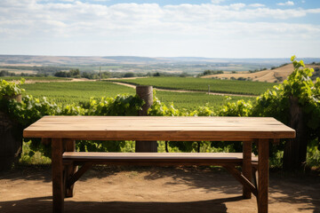 Obraz premium Wooden empty table close-up against blurred vineyards, wine presentation or tasting concept