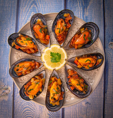 RECIPE FOR SPANISH MUSSELS WITH CHORIZO, WHITE WINE SAUCE, PEPPER, TOMATO, ONION. High quality photo - obrazy, fototapety, plakaty
