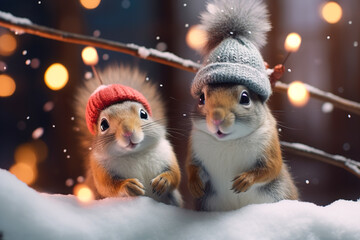 Obraz premium Two cheerful cute squirrel in a knitted hats against the background of a winter forest with fir trees, snow and colorful lights. Postcard for the New Year holidays.
