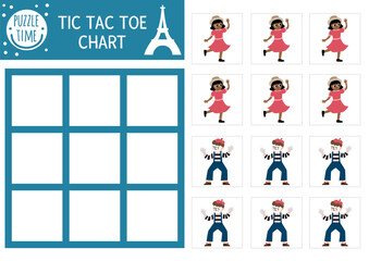 Vector France tic tac toe chart with girl in beautiful dress and mime. Board game playing field. Funny French printable worksheet. Noughts and crosses grid with cute characters.