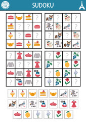 Vector France sudoku puzzle for kids with pictures. Simple French quiz with cut and glue elements. Education activity or coloring page with macaroon, beret, dogs. Draw missing objects. - obrazy, fototapety, plakaty