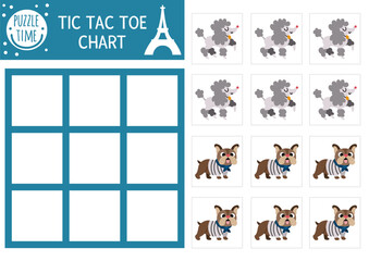 Vector France tic tac toe chart with poodle and bulldog. Board game playing field. Funny French printable worksheet. Noughts and crosses grid with cute animal characters.