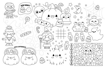 Vector kawaii Halloween placemat for kids. Fall holiday printable activity mat with maze, tic tac toe chart, connect the dots, find difference. Black and white autumn play mat or coloring page.