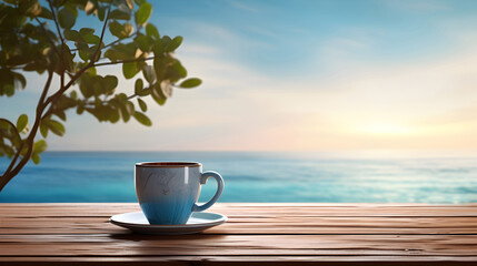 Coffee cup placed on a wooden table Morning sea atmosphere