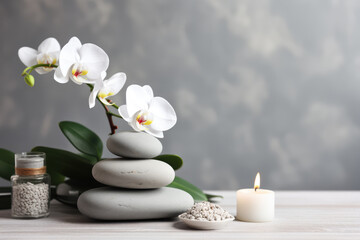 Fototapeta na wymiar Spa stones and white orchid on table on natural background. High quality photo
