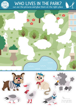 Vector France cut and glue activity. Crafting game with cute Paris city park landscape and animals. Fun printable worksheet for kids. Find the right piece of the puzzle. Complete the picture.
