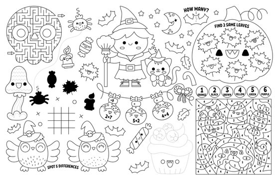 Vector kawaii Halloween placemat for kids. Fall holiday printable activity mat with maze, tic tac toe chart, connect the dots, find difference. Black and white autumn play mat or coloring page.