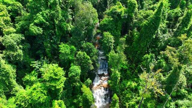 A lush tropical rainforest conceals a stunning hidden waterfall. The emerald cascade flows gracefully over layered rocks, a secret paradise captured from above by drone. jungle paradise. Thailand.
