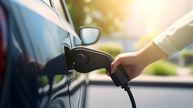 Empowering the Future: Close-Up of a Woman Charging an Electric Car. Generative ai
