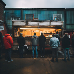 Customers waiting in queue outside Food truck, Generative AI