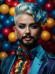 beautiful drag queen with beard and background of multicolored balloons