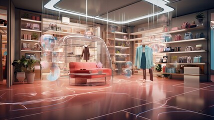 an image that elegantly showcases a retail store enriched by AR shopping experiences, highlighting the seamless integration of digital and physical worlds