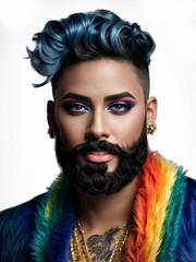 drag queen with beard and beautiful make-up in the colors of the LGTBI flag