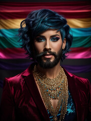 beautiful drag queen with beard and rainbow flag