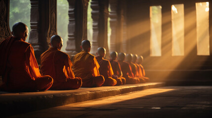 A row of vibrant saffron - robed monks meditating in an ancient temple, soft natural light from windows, atmospheric - obrazy, fototapety, plakaty
