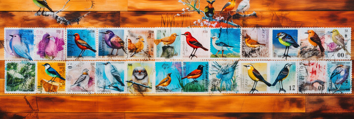 Australian wildlife postage stamps, spread on a corkboard, natural outdoor light