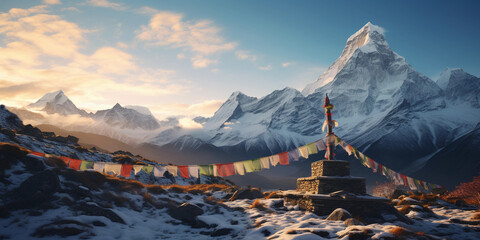 Buddhist Stupa, snowy Himalayan mountains in the background, vibrant prayer flags, dawn lighting - obrazy, fototapety, plakaty