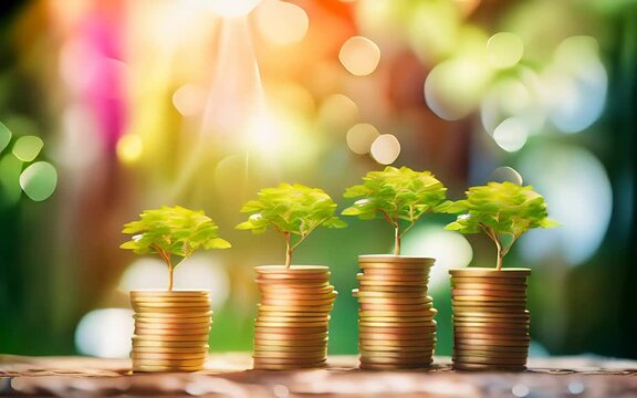 Green plant growing from coins, shiny bokeh background
