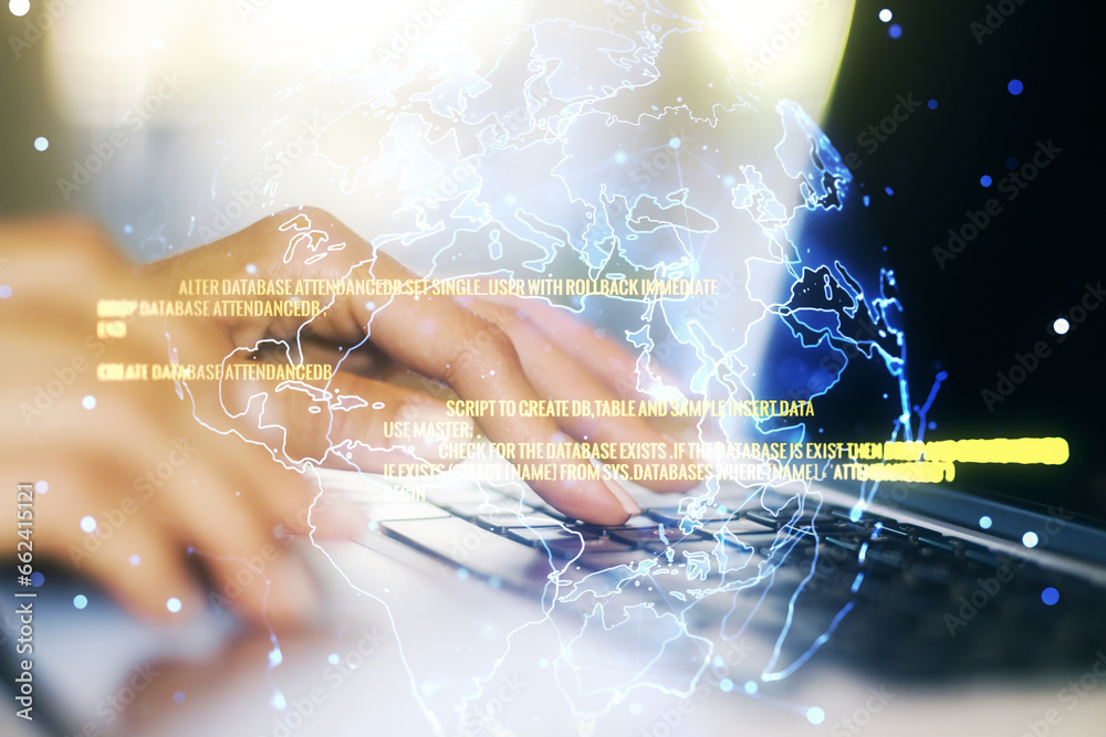 Poster multi exposure of abstract software development hologram with world map and hands typing on computer