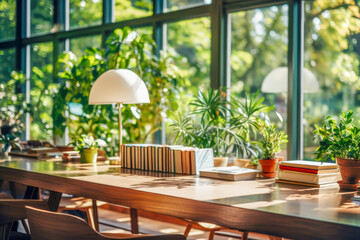 Cozy sustainable interior of library or bookstore cafe with wooden table with books and lamps near big window with beautiful garden landscape. Librarian core trend