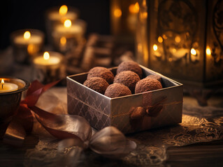 Dark chocolate truffles dusted with cocoa powder, placed in a golden box, romantic atmosphere